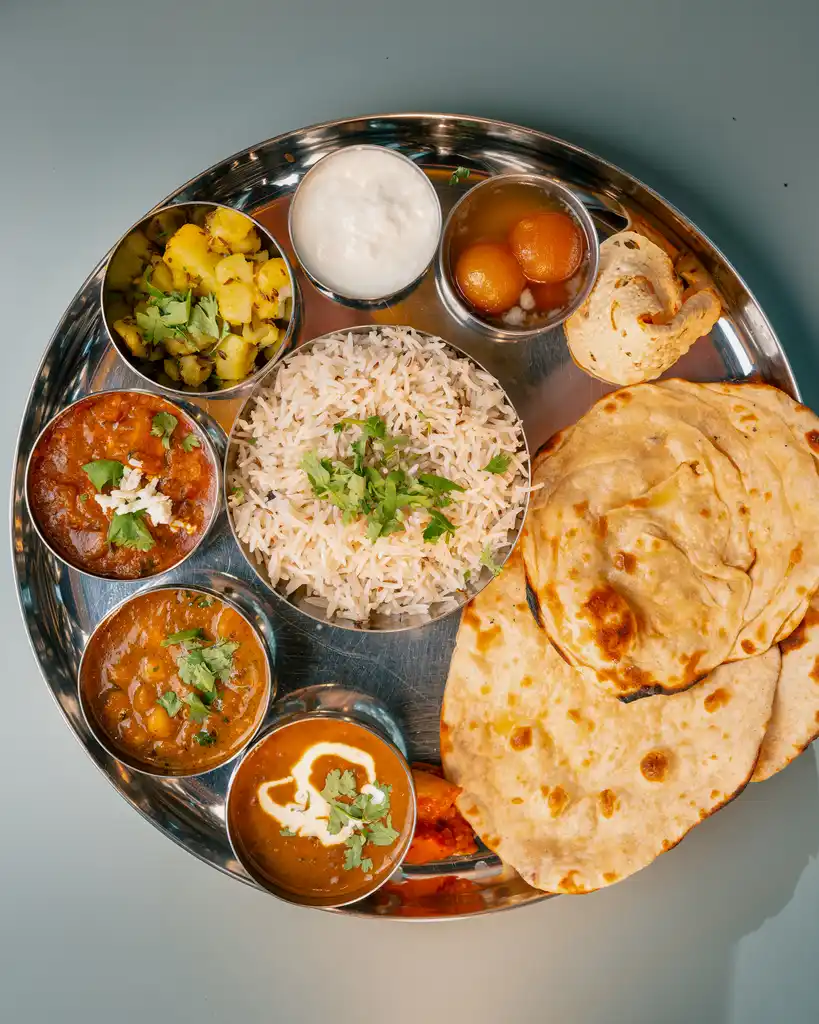 A thali with rice, two curries, parathas, vegetables and curd on a steel plate